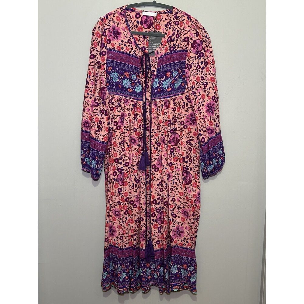 Boho Floral Pink & Purple Midi Dress with Tassel Tie